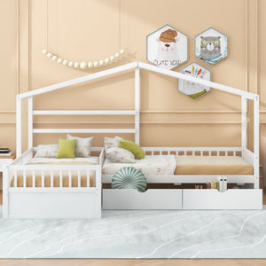 English Elm Twin House Platform Bed with Three Storage Drawers for Kids, Solid Pine & MDF, Sleek Roof Design White GX001026AAK