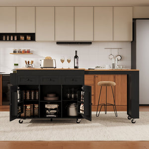English Elm K&k Rolling Kitchen Island with Extendable Table Open Shelving and Built-in Power Outlet Black N707P360278B