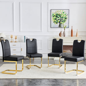 English Elm Modern Cantilever Gold Frame Pu Leather Dining Chairs Glam Set of Four Black W3875P372986