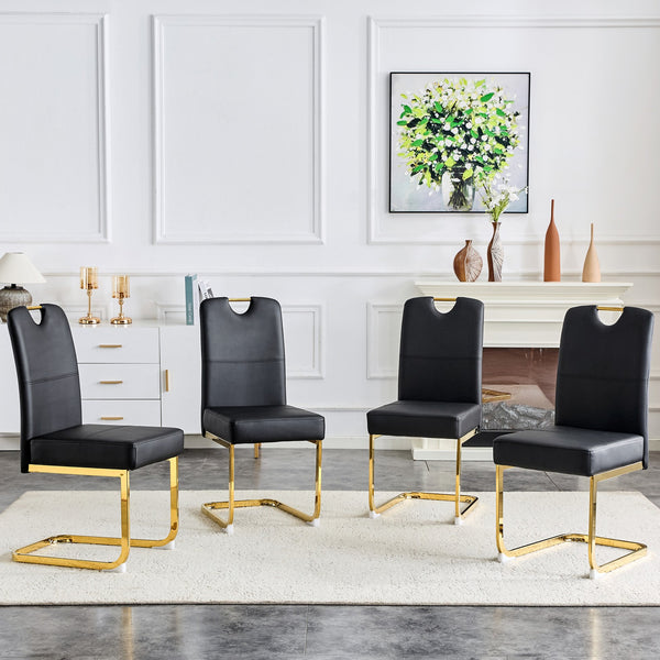 English Elm Modern Cantilever Gold Frame Pu Leather Dining Chairs Glam Set of Four Black W3875P372986