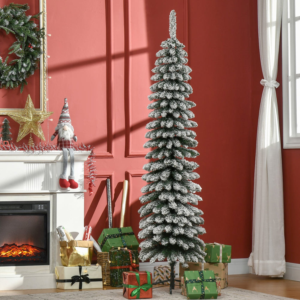 English Elm Homcom 6' Snow Flocked Artificial Christmas Tree - Slim Pencil Design, Realistic Branches & 395 Tips W2225P249620