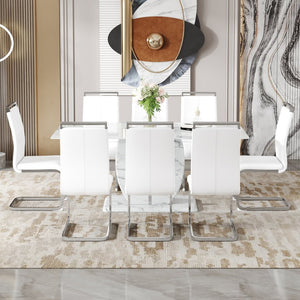 English Elm Table And Chair Set - Elegant Modern Marble Dining Set With 8 Comfortable Pu Chairs & Glass Top W1151S02115-GIGA