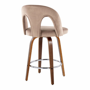 English Elm Fixed-height Swivel Counterstools Taupe Velvet Bentwood Walnut Legs Chrome Footrest Set B202S01796