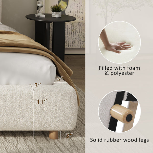English Elm King Platform Bed Curved Boucle Upholstered Headboard Solid Rubberwood Legs Modern Bedroom N757P411870K