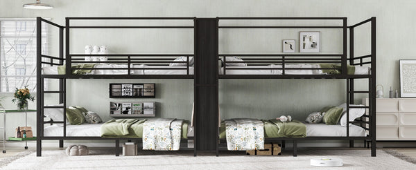 English Elm Queen Size Quadruple Metal Bunk Bed With Storage, Noise-Reducing Design & Sturdy Black Frame W1580S00156-GIGA