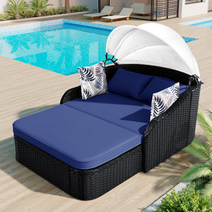 English Elm GO Outdoor Sun Bed with Adjustable Canopy, Durable PE Rattan Double Lounger, Zippered Cushions and Pillows for Easy Care and 500lb Capacity Black+Blue FG201223AAN