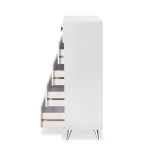 English Elm Elms White Finish Chest with 5 Smooth-Glide Drawers, Silver Ring Pulls & Modern Tapered Legs B2726P255308