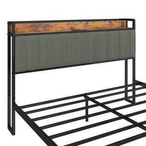English Elm Queen Upholstered Bed Frame with USB & Outlets, Metal Platform, Vintage Shelf, 10.4" Storage Clearance W1960P162712