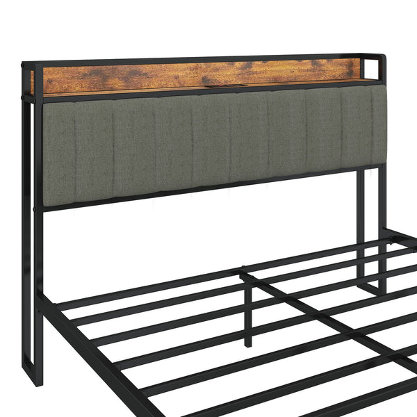 English Elm Queen Upholstered Bed Frame with USB & Outlets, Metal Platform, Vintage Shelf, 10.4" Storage Clearance W1960P162712