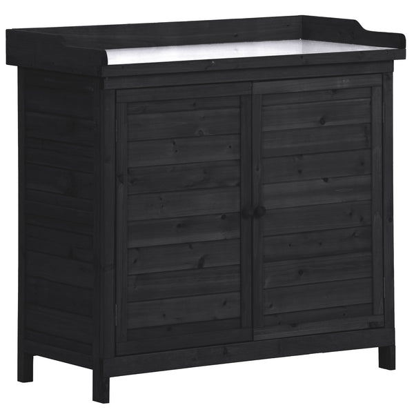 English Elm TOPMAX Rustic Fir Wood Potting Bench 39" with Galvanized Top, 2-Tier Shelves & Side Hooks, Black - Durable Garden Workstation N717P220218B