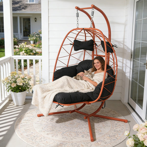 English Elm 2 Person Wicker Hanging Egg Chair with Stand Padded Swing for Patio or Garden T5880P500223