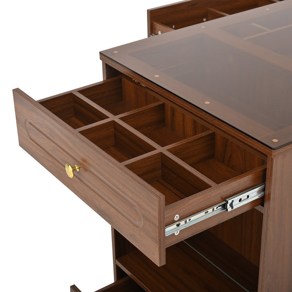 English Elm Closet Elegant walk-in island with glass display top, 6 drawers and open shelves for organized storage Walnut 39.76 L x 17.32 W x 12.2 H N733S304513D
