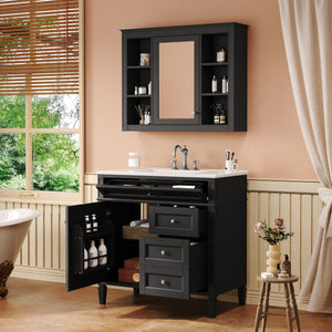 English Elm 36'' Modern Bathroom Vanity Set With Mirror, 2 Drawers, Tip-Out Storage & 6 Open Shelves For Organization N710S236006B