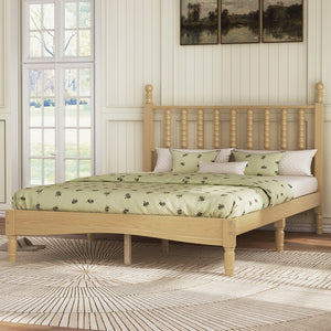 English Elm Full Size Rubberwood Platform Bed Gourd Headboard Retro Bohemian Bedroom Frame N733P338317M
