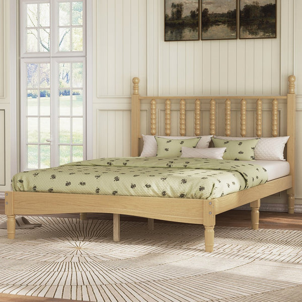 English Elm Full Size Rubberwood Platform Bed Gourd Headboard Retro Bohemian Bedroom Frame N733P338317M