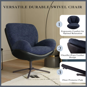 English Elm Christopher Knight Home® - 360° Swivel Office Chair Chenille and Faux Leather Accent with Metal Base, Ergonomic Plush Seating for Home and Office Black,Navy Blue N817P205024B