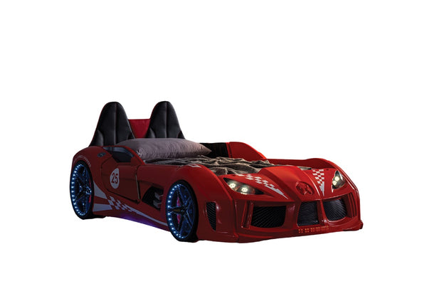English Elm Modern Race Car Twin Bed with Led Lights Magnetic Doors and Leatherette Upholstery Red B2741S00911