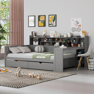 English Elm Wooden Twin Daybed with Trundle Built-in Desk and Open Shelves for Kids Rooms Gray N733S373385E