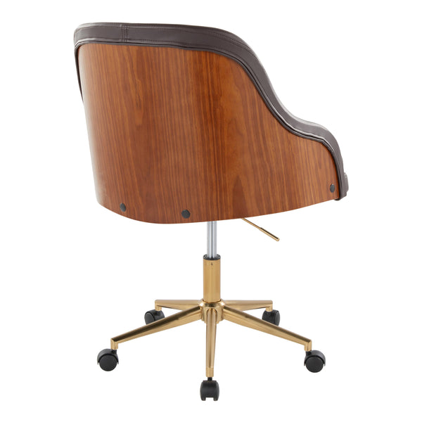 English Elm Office Chair with Walnut Frame Gold Base and Brown Faux Leather Mid-century Swivel B202P474167