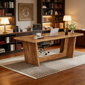 English Elm Industrial Executive Wood Desk with Rustic Brown Veneer for Home Office Workspaces T3971P451536