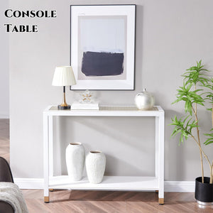 English Elm Glass Console Table Two Tier Tempered Shelf Narrow Foyer Entryway Gold Metallic Frame White+Gold W3587P456243