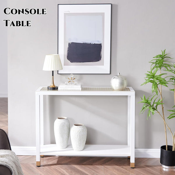 English Elm Glass Console Table Two Tier Tempered Shelf Narrow Foyer Entryway Gold Metallic Frame White+Gold W3587P456243