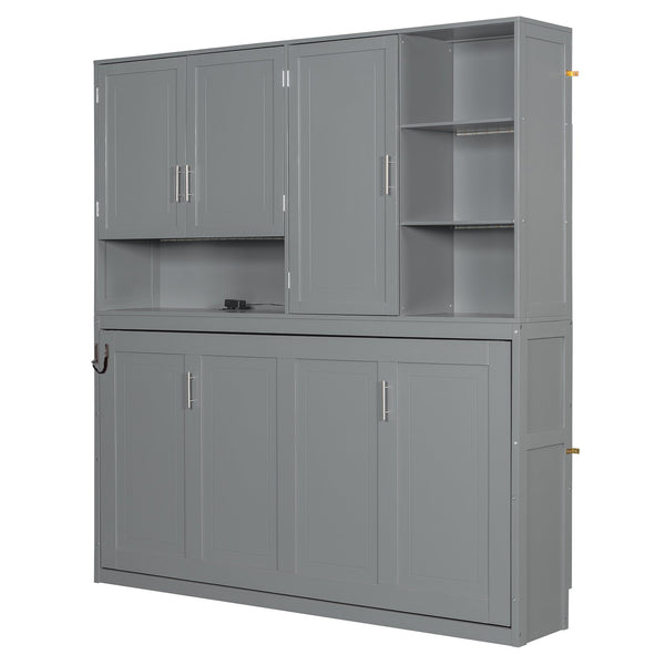 English Elm Twin Murphy Bed with Cabinet Shelves Built in Lighting Usb Ports Space Saving Wall Unit Gray LP000389AAE-1
