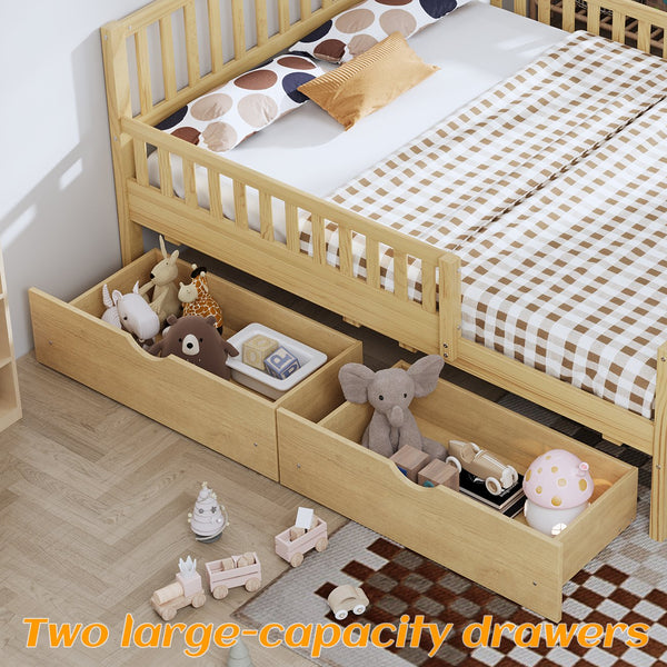 English Elm Twin Pine Platform Bed with Guardrails and Under Storage Drawers for Small Rooms N733P172700M