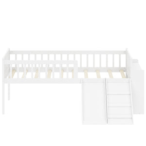 English Elm Twin Platform Kids Bed with Slide Ladder Guardrails Storage Shelf Wood Frame White N733S415411K