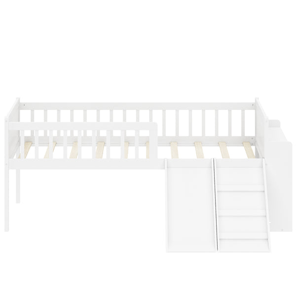 English Elm Twin Platform Kids Bed with Slide Ladder Guardrails Storage Shelf Wood Frame White N733S415411K
