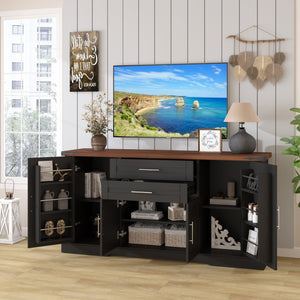 English Elm 63" Fluted Mdf Sideboard with Wood Tone Top Four Doors Three Drawers Dining Storage Black W2917S00012