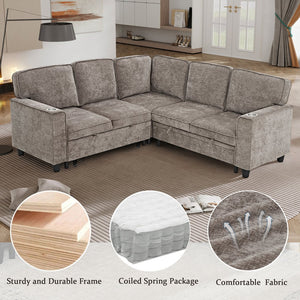 English Elm L-Shaped Sofa with Pull-Out Bed and Storage, 5-Seat Sectional with USB, Cup Holders, Cozy Chenille Light Brown W1998S00062