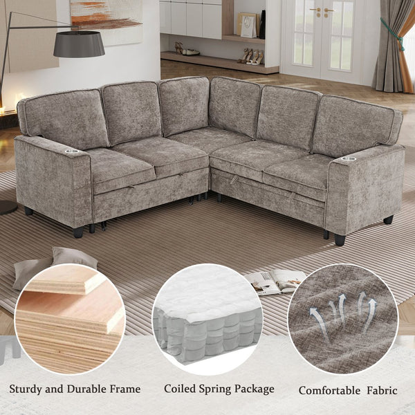 English Elm L-Shaped Sofa with Pull-Out Bed and Storage, 5-Seat Sectional with USB, Cup Holders, Cozy Chenille Light Brown W1998S00062