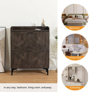 English Elm Shoe Cabinet with 2 Flip Drawers and Open Shelves, Slim Rustic Brown Entryway Organizer, Space-Saving Wood Storage W679P154753