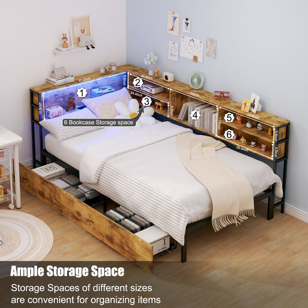 English Elm Corner Bed Frame With Storage Bookcase - Twin Daybed With Drawers, Led Lights & Charging Station! W3107P334220