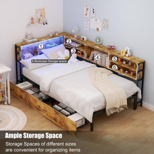 English Elm Corner Bed Frame With Storage Bookcase - Twin Daybed With Drawers, Led Lights & Charging Station! W3107P334220
