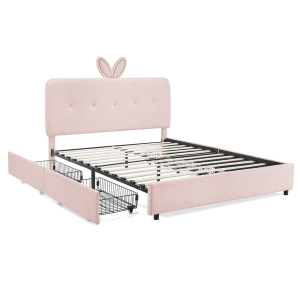 English Elm Queen Boucle Upholstered Kids Bed with Rabbit Ear Headboard Led Lighting Storage Drawers Pink W1413P384926