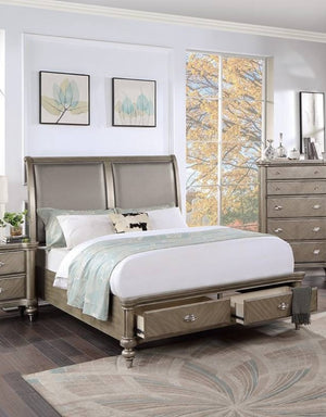 English Elm 1pc California King Faux Leather Panel Bed Glam Silver Trim Footboard Storage B011S02106