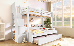 English Elm Twin Over Full Bunk Bed with Stair Drawers Shelves Led Lighting and Usb Port White N7090005013K