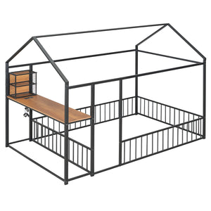English Elm Full Size Metal House Bed Frame with Desk, Shelves, USB Power Ports & Playful Roof for Kids Room Delight Black N737P173491B