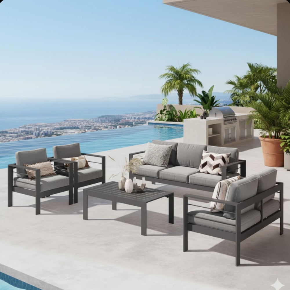 English Elm 5-piece Rust-proof Aluminum Outdoor Sectional Set with Wpc Table for Patio Hosting B082S00088