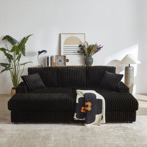 English Elm 84Inch Corduroy sofa with deep seats, 3 back pillows, 2 toss pillows, ottomans, cup grooves, storage Black W834S00356