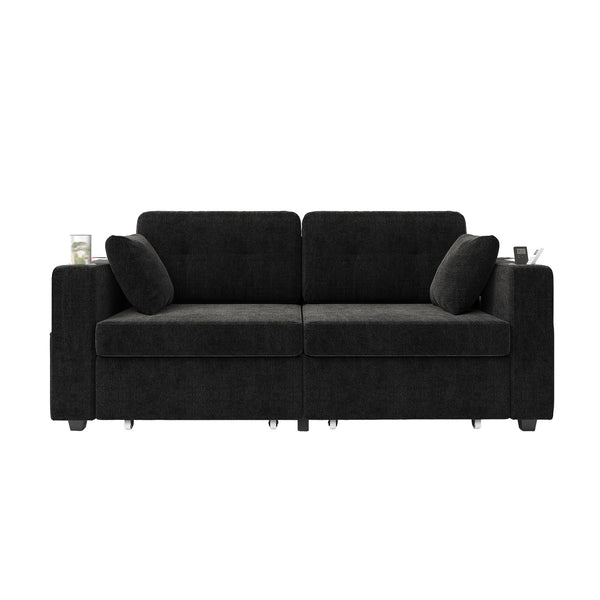 English Elm Sofas for Living Room Chenille Three Seat Couch with Usb Charging Storage and Cup Holder Black W395S00144