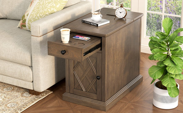 English Elm U-can Acacia Wood End Table with Usb Charging Station Drawer and Cabinet Storage Antique Brown N724P353565D