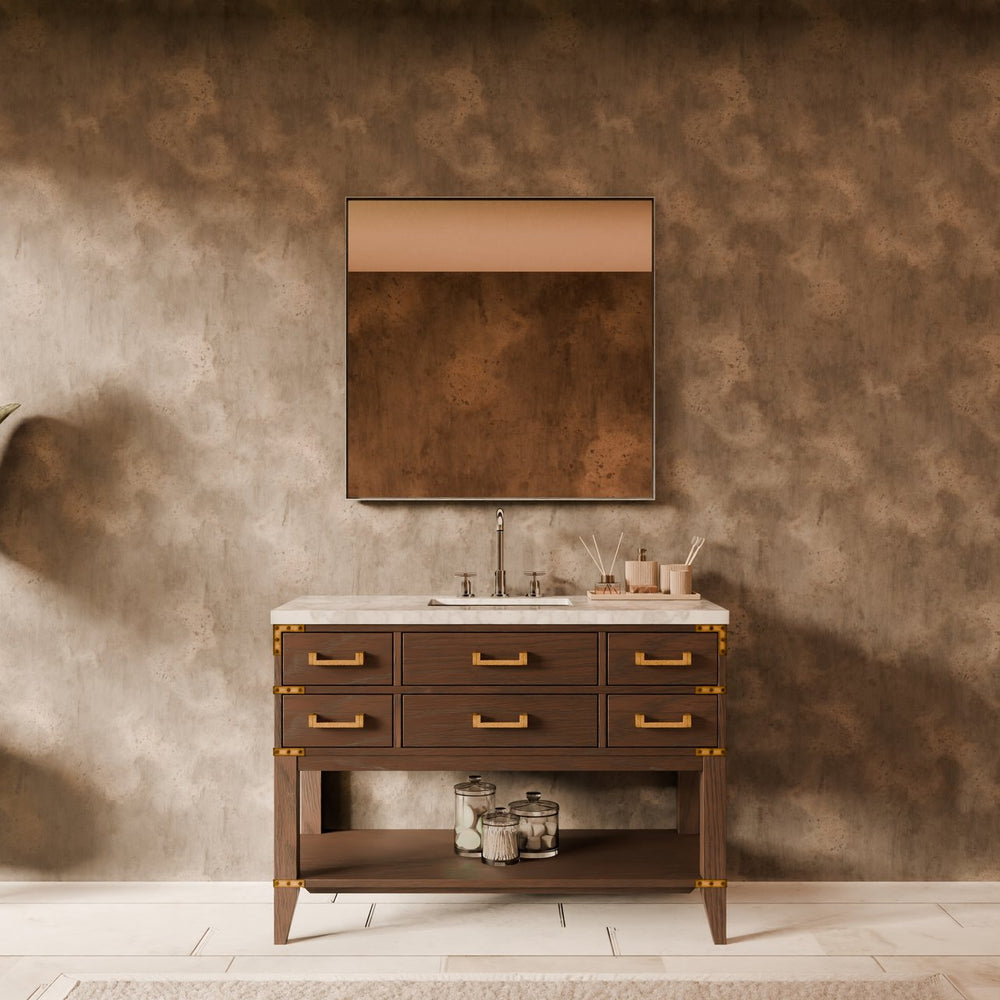 English Elm Brown Oak 48" Single Bath Vanity with Carrara Marble Top, Chrome Faucet & 46" Mirror, Hand-Sealed Finish B2731S02105