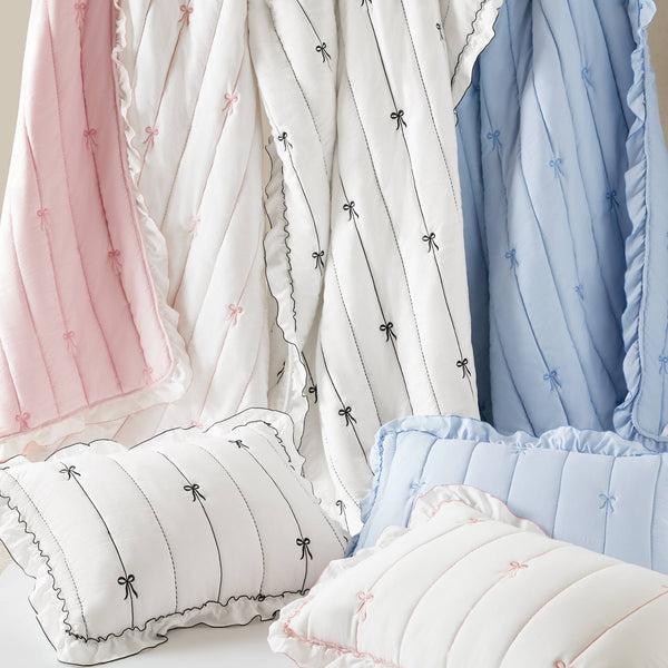 English Elm 3-piece Reversible Microfiber Quilt Set Bow Embroidery Ruffled Trim Romantic Bedroom White+Black B035P482885