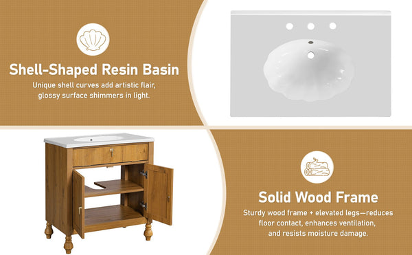 English Elm Christopher Knight Home® - 30-Inch Walnut Vanity with Seashell Resin Sink, Flip-Up Organizer, Soft-Close Doors & Legs Brown N765P33417576B