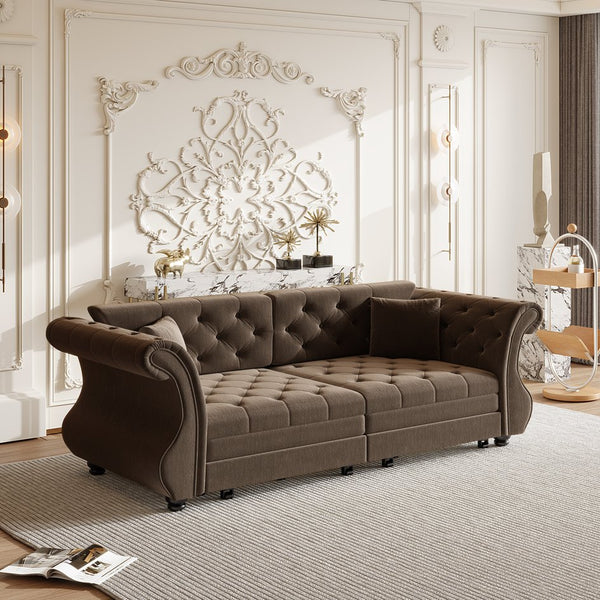 English Elm 83.8" Chesterfield Sleeper Sofa Velvet Upholstered with Flower Tufting for Living Room Brown W1885S00402
