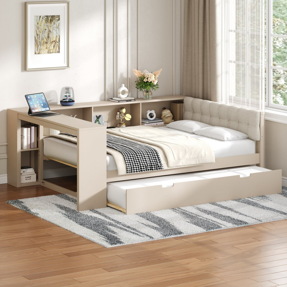 English Elm Wood Twin Platform Bed Linen Headboard Storage Shelves Trundle Charging Station Cream N709P004024C