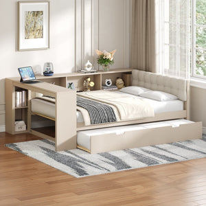 English Elm Wood Twin Platform Bed Linen Headboard Storage Shelves Trundle Charging Station Cream N709P004024C
